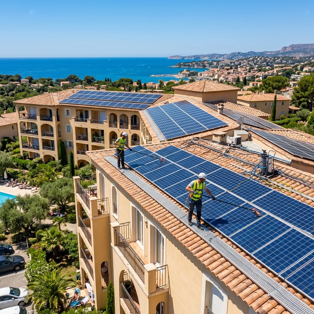 Toiture d'une copropriété équipée de panneaux solaires en Occitanie