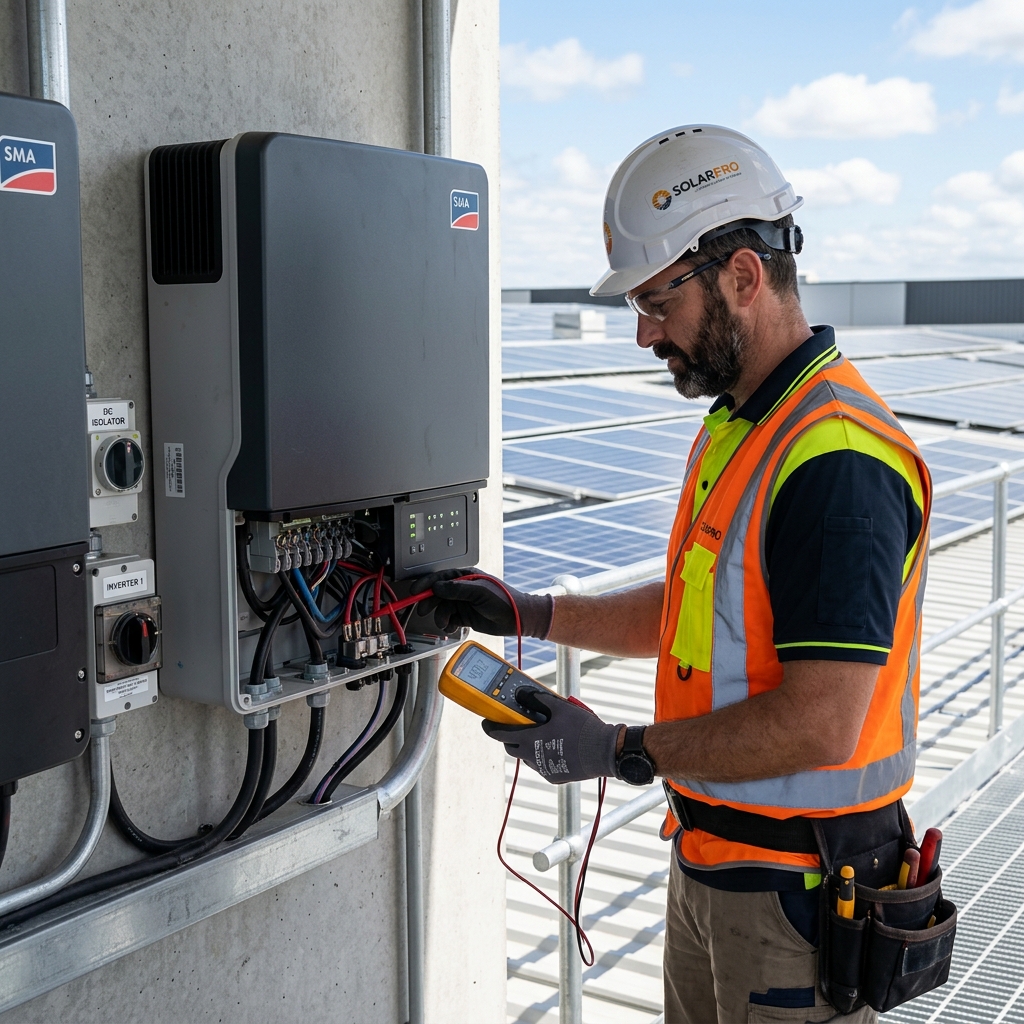Exemple d'installation d'onduleur hybride et batterie solaire fixés au mur