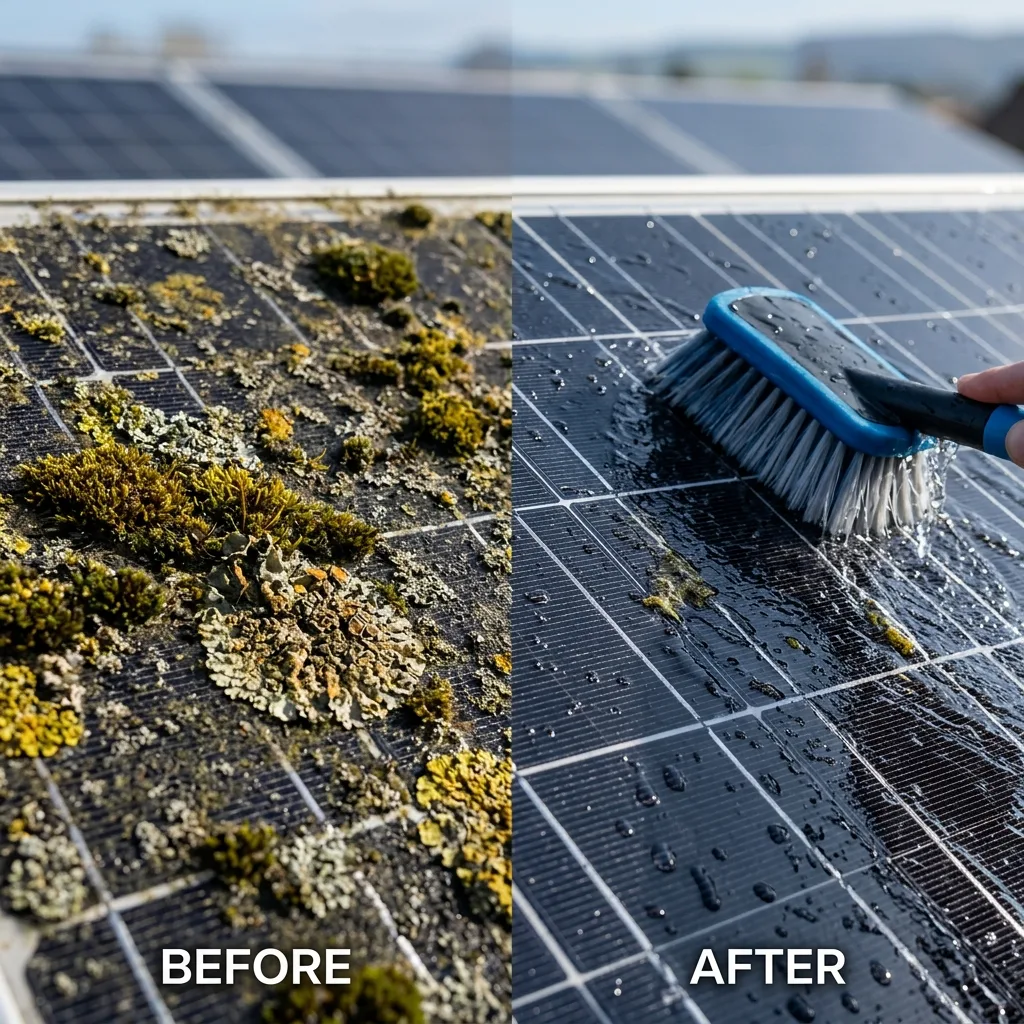 Panneaux solaires sur toiture necessitant un traitement contre la mousse et le lichen en Occitanie