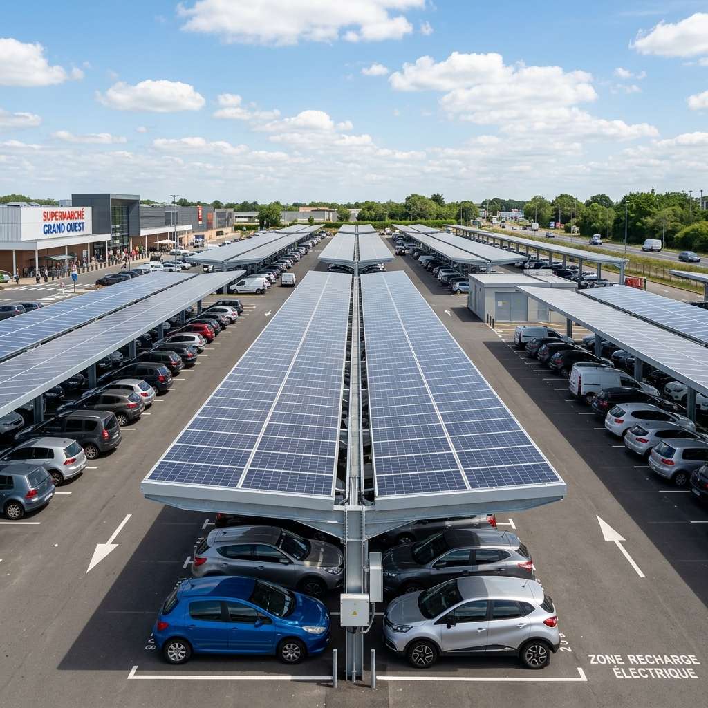 Ombrières photovoltaïques installées sur un parking d'entreprise en Occitanie avec panneaux solaires intégrés